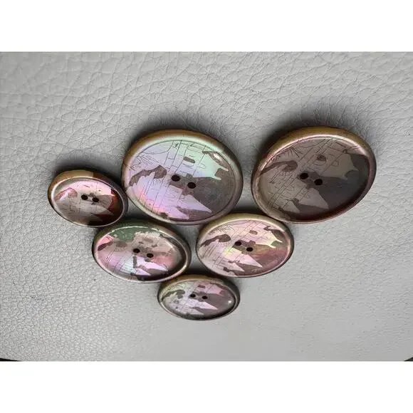 Antique Mother Of Pearl Abalone Etched Buttons Set of 6 Village Scene - Picture 4 of 6
